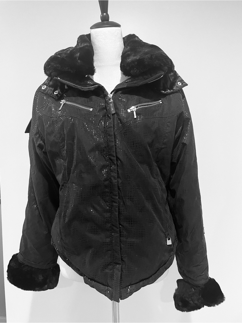 NILS Black Bomber Jacket with Faux-Fur Collar and Cuffs